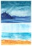 Set of two postcard background of seascape. Sunny day on the beach? rain in on the island lake.