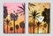 Set of two posters, silhouettes of palm trees against the sky. Logo from seagulls, birds, positive mood.