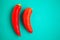 Set of two red chili peppers on the turquois background