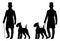 Set of two silhouettes of young man in victorian dress with Welsh Terrier dog. Historical clothing.