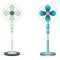 Set of two stand fans in different styles. Electric floor ventilator for climate control or air cooling. Wind blower for hot