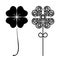 Set of two stylized images of black four-leaf clover with celtic pattern