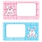 A set of two vector background Birthday card for child. Blue cute bunny boy and pink girl on a background with a checkered texture