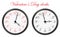 Set of two vector clocks designed for Valentine`s Day application. Hearts on clock face and clock hands as a love symbols. Vector
