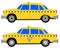 Set of two vector illustrations of American yellow old-fashioned cabs in classic and eco-friendly electric version