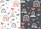 Set of two vector seamless patterns with rainbow, birds, clouds, sun, raindrop. Childish texture for fabric, textile.