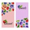 Set of two vertical banners with watercolor sweet desserts, mint and place for text. Templates with donut, cake and berries