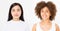 Set of two women faces asian and african american isolated on white background. Skin care, shampoo hairstyle concept. Multi ethnic