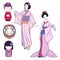 Set of two Young women in traditional Japanese kimono and tradit