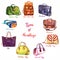 Set types of handbags: back pocket bag, briefcase, messenger, saddle, barrel, bowling, tote, fanny pack and doctors bag