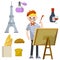 Set of typical France. Man artist in blue striped shirt, red beret, Eiffel tower, perfume and baguette bread