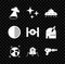 Set UFO flying spaceship, Falling star, Earth globe, Mars rover, Ray gun, structure and Cosmic icon. Vector