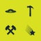 Set UFO flying spaceship, Falling star, Two crossed hammers and Hammer icon. Vector