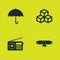 Set Umbrella, Diploma rolled scroll, Radio and Isometric cube icon. Vector