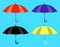 Set of umbrellas icons. Yellow, black, red and purple umbrellas. Flat design Illustration