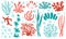 Set of underwater color coral icons. Reef nature marine, aquatic vector illustration