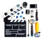 A set for underwater videography equipment: action-cameras, clapperboard, tripod, monopod, float, memory cards lens, adapter