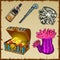 Set of underwater world objects and chest of gold