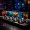 Set of unearthly cocktail shots with colourful turbulent liquor resting on the bar counter