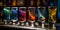 Set of unearthly cocktail shots with colourful turbulent liquor resting on the bar counter