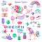 Set with a unicorn and pictures for stickers. Unicorn`s head with closed eyes. Diamonds and crystals. Rainbow, cloud and heart. A