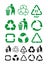 Set of universal recycling green and black symbol. International symbol used on packaging to remind dispose of it in a bin instead