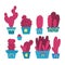 Set of unusual hand drawn different cactuses in pots. Home flowers for room decor. Vector cartoon pink potted plants with thorns.