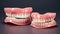 A set of upper and lower dentures. Closeup of dental prosthesis with gum.