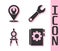 Set User manual, Location with wrench spanner, Drawing compass and Wrench spanner icon. Vector