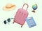 Set of vacationer accessories. 3D pink plastic suitcase, passport, globe, sunglasses, sun hat