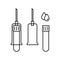 Set of vacuum blood sampling from vein. Linear icon of test tube with cap, needle holder, blood drops. Black illustration of