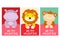 Set of Valentine`s day cards with cute animal - hippo, monkey, lion. Baby collection of gift tag with animal