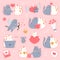 Set of Valentine\\\'s Day. Couple cats in love. Hearts, bouquet, mouse, gift and other cute items.