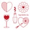 Set of Valentine`s Day icons. Glass of red wine, candles, flowers, heart.