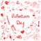 Set of Valentine`s Day Symbols. Children`s Funny Doodle Drawings of Red Hearts, Gifts, Rings,Balloons Arranged in a shape of Heart