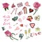 Set of Valentine`s Day theme doodle elements, roses, lettering and different objects. Hand drawn and colored sketches