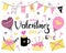 Set with Valentine\\\'s day on a white background. Bright pink  yellow colors.