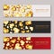 Set of Valentines day horizontal banners with 3d gold heart diamonds, gems, jewels.