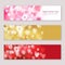 Set of Valentines day horizontal banners design with blurred pink, red and golden hearts.
