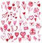 Set valentines day pink hearts hearts arrows feathers letters goblets bird balls candies