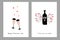 Set of Valentines day or wedding greeting cards, party invitations. Hand drawn wine glasses, champagne bottle and