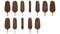 set of vanilla ice cream stick bar covered with chocolate and crunchy almonds  on white background