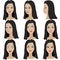 Set of variation of emotions of the same girl with black hair.