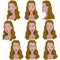 Set of variation of emotions of the same girl with brown hair.