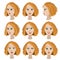 Set of variation of emotions of the same girl with red hair.