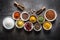 Set of variety aromatic spices and herbs in bowls