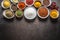 Set of variety aromatic spices and herbs in bowls