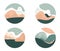 A set of various abstract landscapes. Mountains, hills, rivers, landscapes, backgrounds. Cutout style. Round icons, badges. Vector