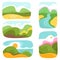 A set of various abstract landscapes. Mountains, hills, rivers, landscapes, backgrounds. Cutout style. Vector backgrounds.
