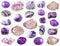 Set of various amethyst crystals and gemstone